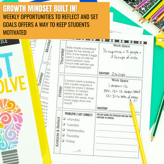 A yellow folder, math worksheets, colorful pens, and a notebook sit on a white desk. An orange box says "Growth Mindset Built In!" Perfect for daily routines with 5th Grade Math Word Problem of the Day by Differentiated Teaching with Rebecca Davies.