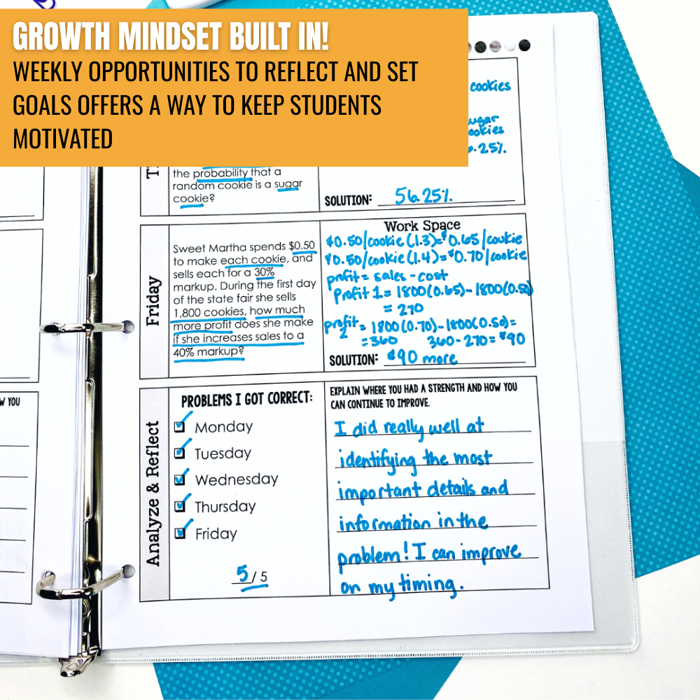 An open planner shows a math worksheet, weekly checklist, and reflection area. The yellow box says: "'8th Grade Math Word Problem of the Day' by Differentiated Teaching with Rebecca Davies builds growth mindset with weekly goal-setting and reflection.