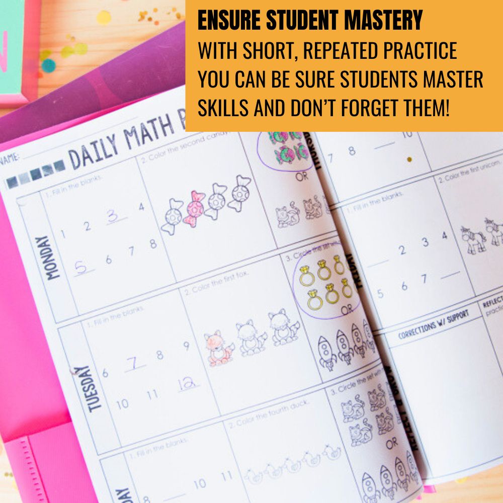 1st Grade Daily Math Warm Ups | Spiral Review Morning Work by Differentiated Teaching with Rebecca Davies features daily math practice with fun animal and number illustrations. A yellow banner encourages ensuring student mastery with quick, repeated warm-ups.