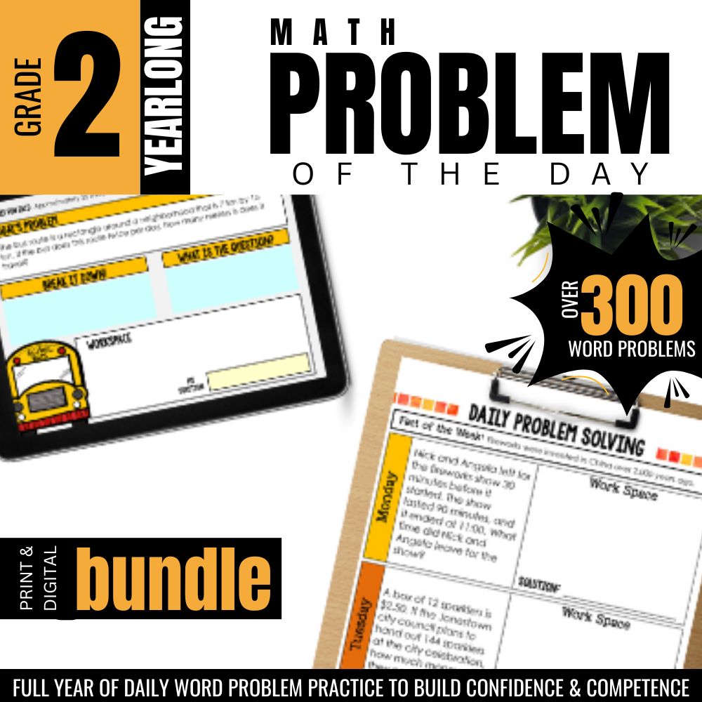 Promotional graphic for Differentiated Teaching with Rebecca Davies' 2nd Grade Math Word Problem of the Day, featuring 300+ daily story problems and printable/digital activities to boost 2nd graders’ math skills and confidence.