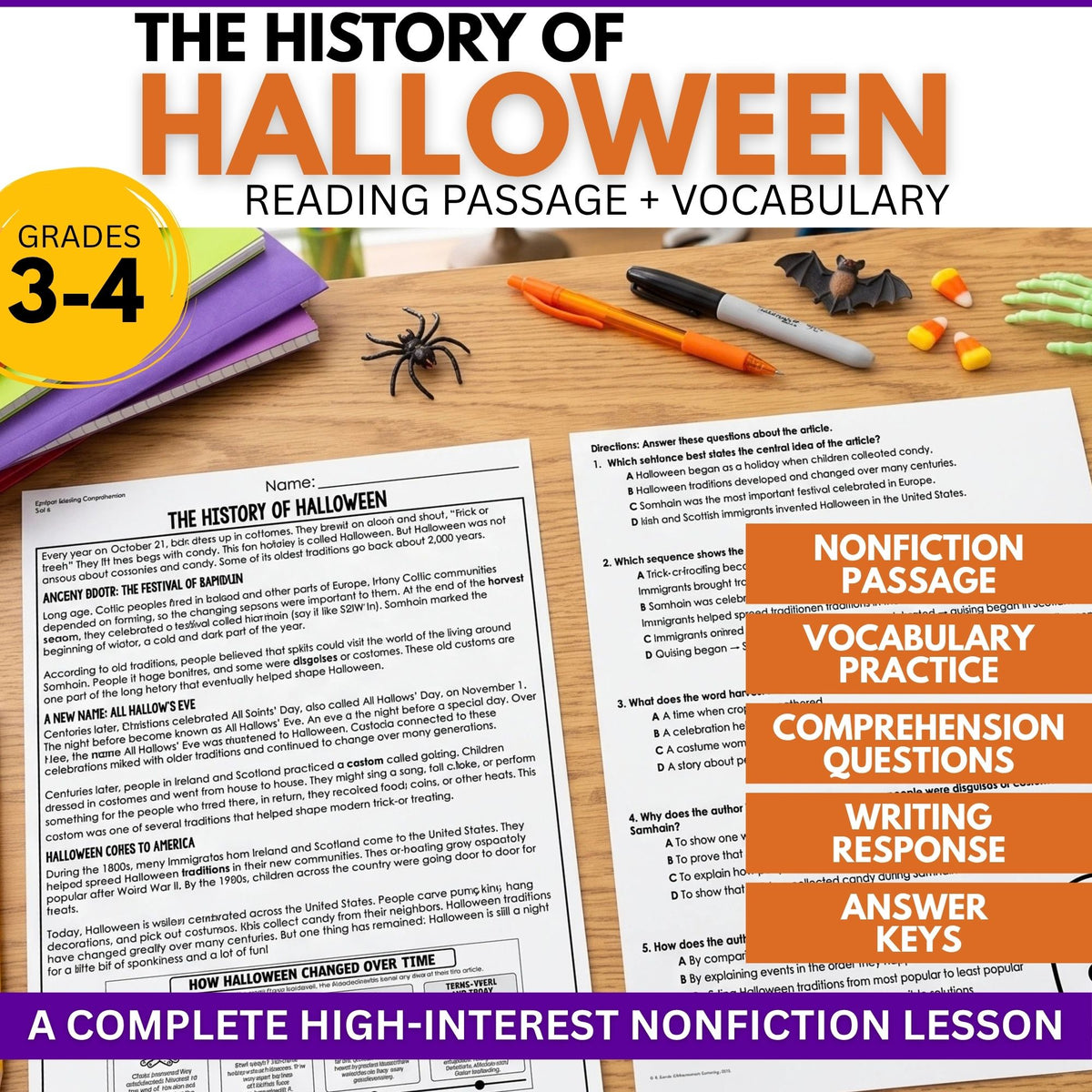 A History of Halloween Reading Comprehension Passage & Vocabulary | Grades 3–4 worksheet for grade 3–4 students, featuring a historical passage and multiple-choice Halloween comprehension questions.