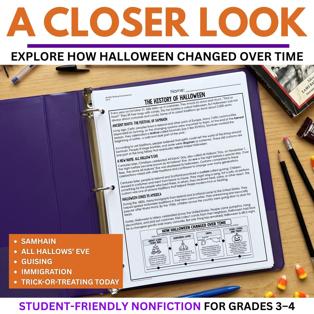 A History of Halloween Reading Comprehension Passage & Vocabulary | Grades 3–4 worksheet featuring a text passage, a timeline, and a vocabulary list.
