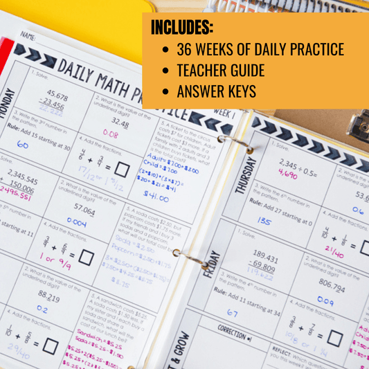 The Differentiated Teaching with Rebecca Davies 6th Grade Daily Math Warm Ups – Spiral Review & Bell Ringers features 36 weeks of daily math review, a teacher guide, and answer keys, shown in an open binder with worksheets for each weekday.