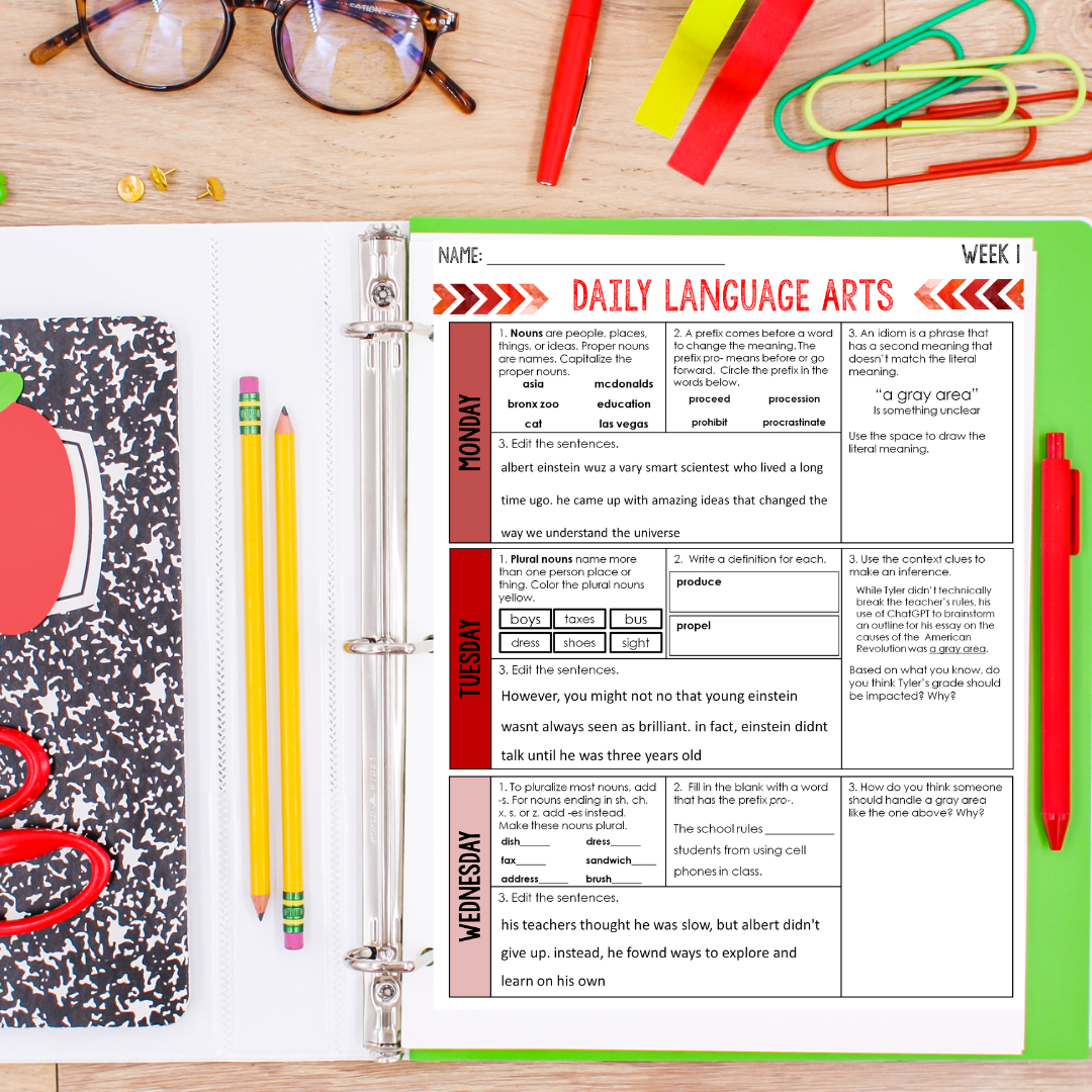 An open binder on a vibrant desk shows the 7th Grade ELA Spiral Review: Daily Grammar Practice Language Arts Warm Up by Differentiated Teaching with Rebecca Davies, featuring a Week 1 worksheet for Monday-Wednesday, plus pencils, clips, glasses, and an apple notebook.