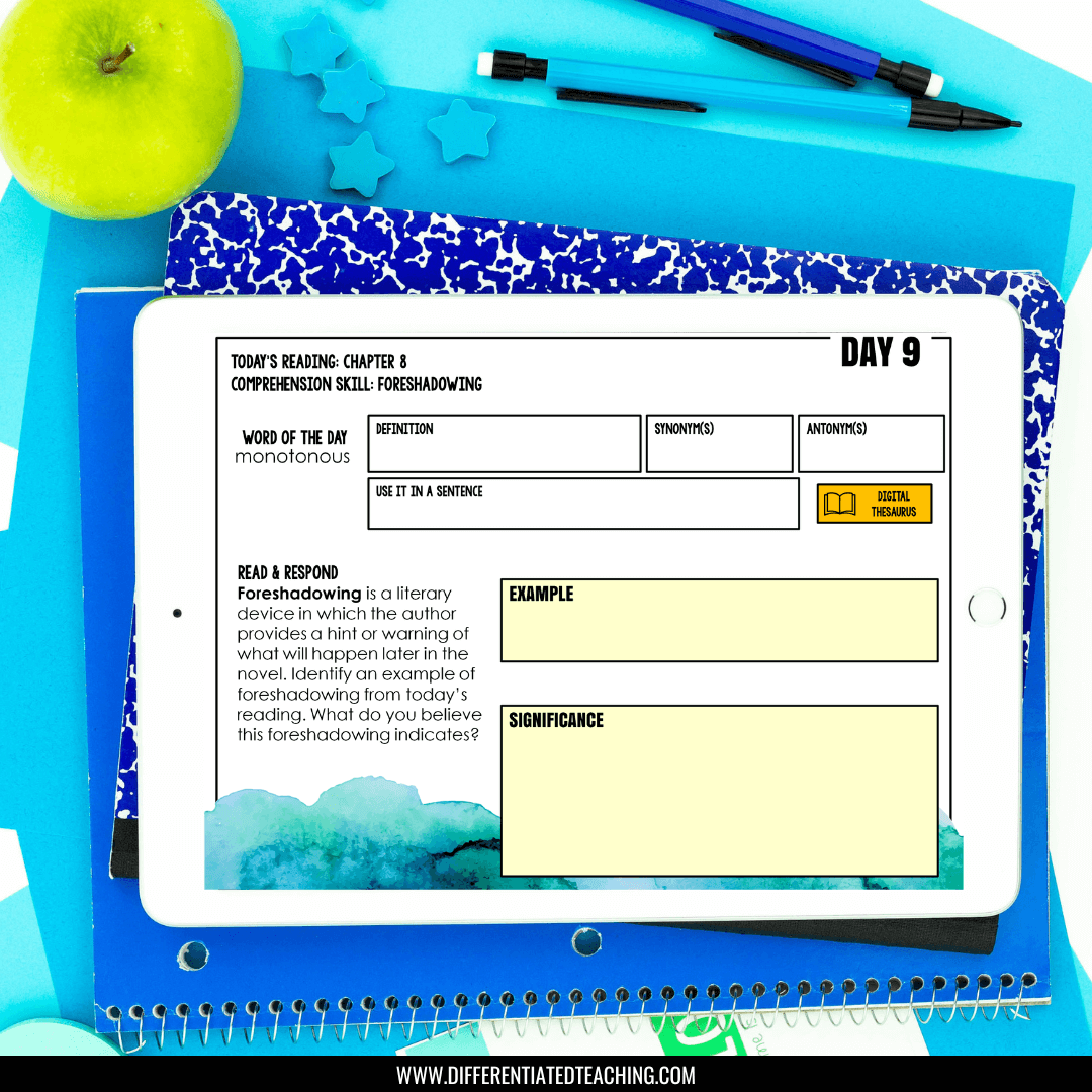 An iPad shows the "A Long Walk to Water Novel Study" reading comprehension worksheet by Differentiated Teaching with Rebecca Davies, ideal for grades 5-7, resting on blue notebooks beside an apple, pencils, and highlighters.