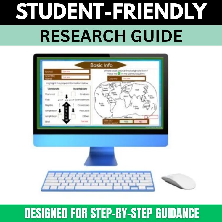 A computer monitor displays a Digital Animal Research Project - Google Slides Format slide with a world map and classification checklist, alongside a keyboard and mouse, with text reading Student-friendly research guide and step-by-step guidance.