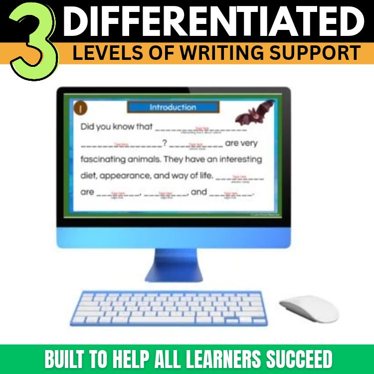 A computer monitor displays a Digital Animal Research Project - Google Slides Format worksheet with fill-in-the-blank sentences about bats, featuring three levels of writing support built to help all learners succeed.