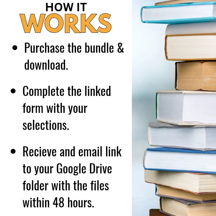 A tall stack of books next to a list of instructions for the Build Your Own Novel Study Bundle, explaining the process of purchasing, selecting units via form, and receiving a Google Drive link within 48 hours.