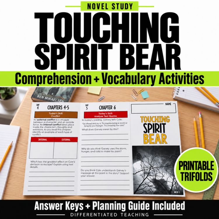 Touching Spirit Bear Novel Study lesson plan for chapters 4-6, including comprehension trifolds, vocabulary activities, and a graphic of a bear in the woods.