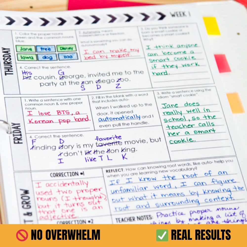 A close-up of the 4th Grade Daily Language Spiral Review by Differentiated Teaching with Rebecca Davies shows handwritten notes in colorful pens, focusing on grammar, editing, and ELA warm-ups. At the bottom, icons say NO OVERWHELM and REAL RESULTS.