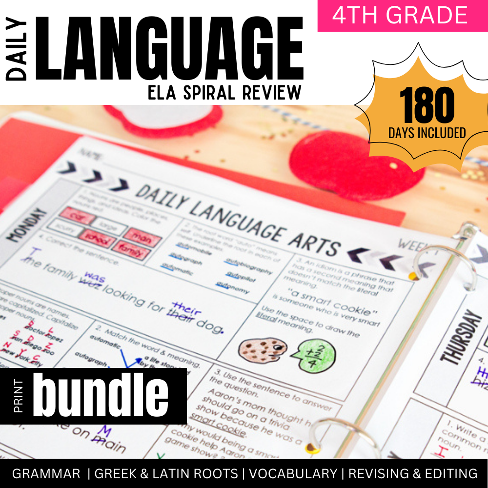 An open binder displays the 4th Grade Daily Language Spiral Review by Differentiated Teaching with Rebecca Davies, featuring daily ELA worksheets for grammar, editing, and vocabulary practice—print bundle includes 180 days of activities.
