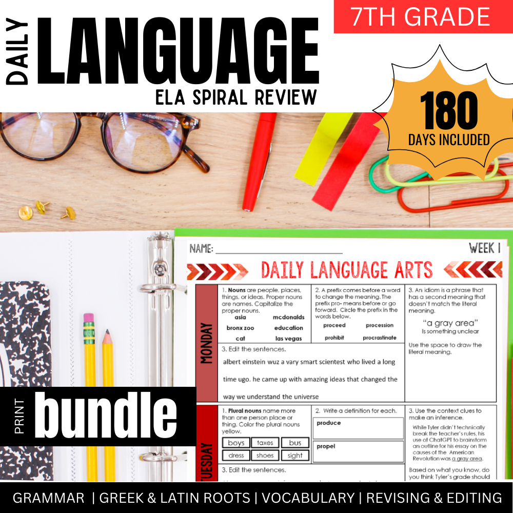 A binder labeled “Daily Language Arts” sits open on a desk with pens and supplies. The 7th Grade ELA Spiral Review: Daily Grammar Practice Language Arts Warm Up by Differentiated Teaching with Rebecca Davies is ideal for daily review or bellringers.