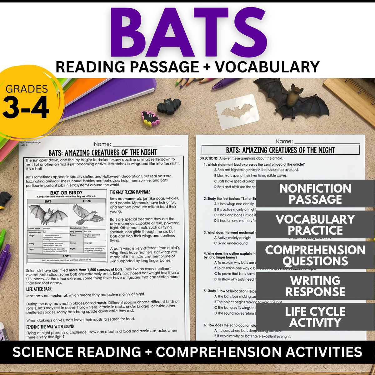 A two-page Bats Reading Comprehension Passage & Vocabulary | Grades 3–4 worksheet for 3rd and 4th graders, featuring a title, descriptive text, a comparison chart, and multiple-choice questions.