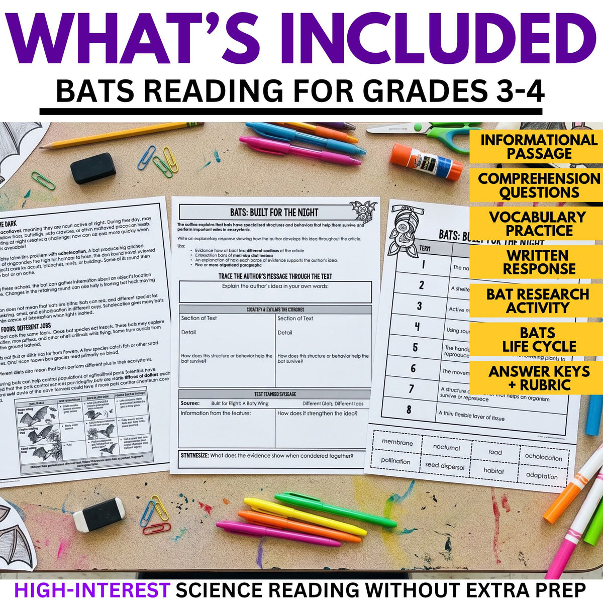 A Bats Reading Comprehension Passage & Vocabulary | Grades 3–4 educational worksheet packet, featuring a reading passage, graphic organizers, vocabulary activities, and an answer key displayed on a desk with school supplies.