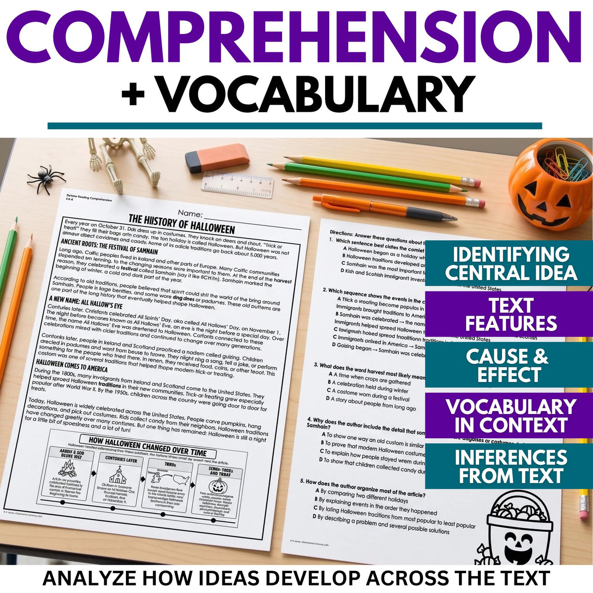 A 3rd–4th grade Spiders Reading Comprehension Passage & Vocabulary worksheet featuring multiple-choice questions, an informational passage, a pumpkin graphic, and a pencil on a desk.
