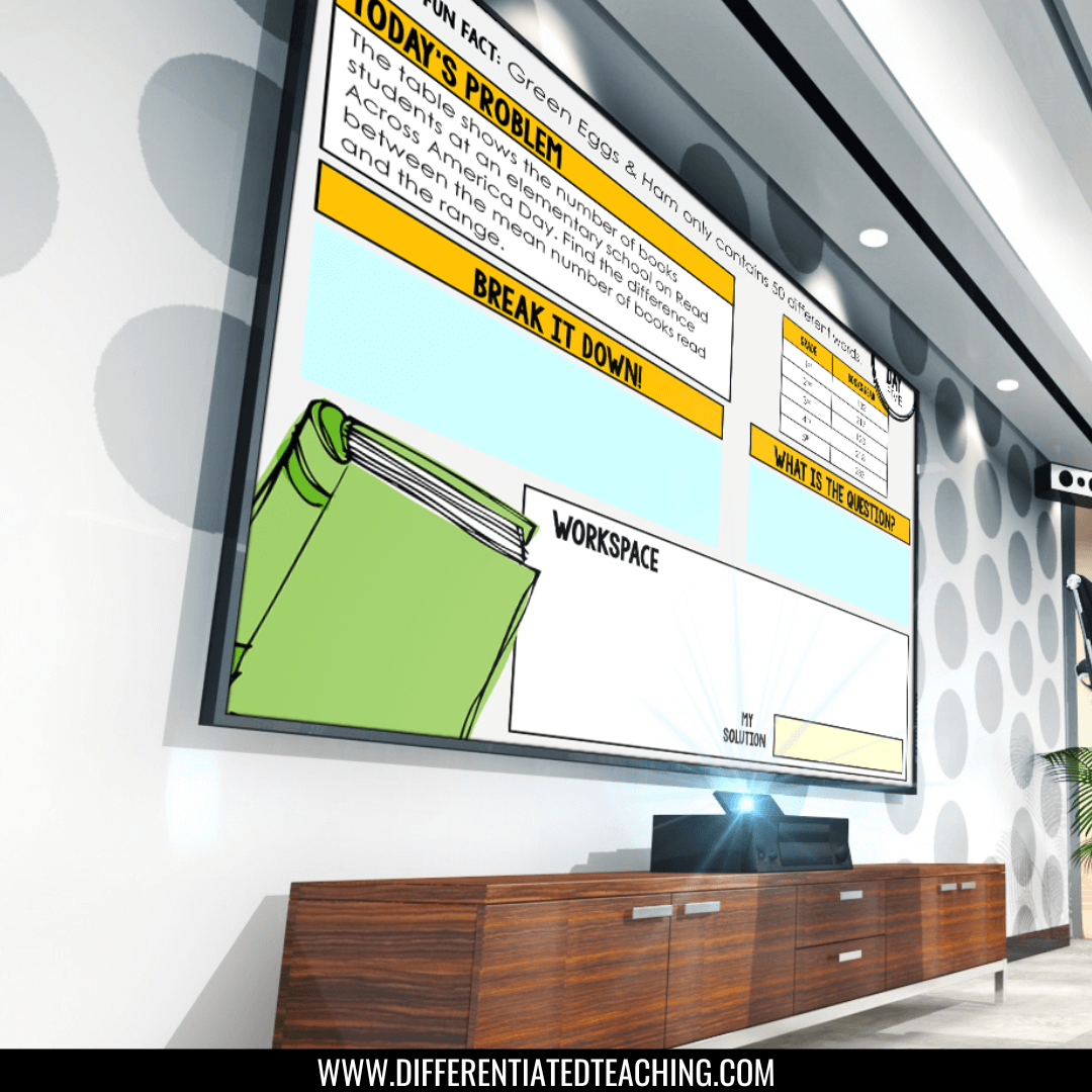 A modern classroom features the 7th Grade Math Word Problem of the Day: Yearlong Story Problem Solving Practice for Middle School by Differentiated Teaching with Rebecca Davies, with sections like Today's Problem and Break It Down on a large screen.