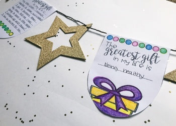 Create a festive display with the "Christmas Writing Activity | Sharing My Gifts Pennant Banner Craft" by Differentiated Teaching with Rebecca Davies, featuring a glittery star, gift box art, and a sweet health-themed message. Ideal for classroom use!.