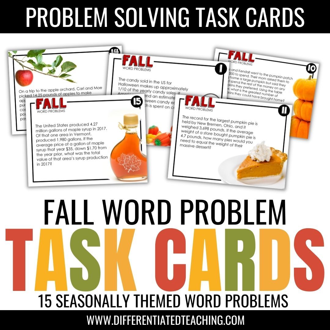 Fall Word Problems: Seasonal Story Problem Task Cards for Math - Differentiated Teaching with Rebecca Davies
