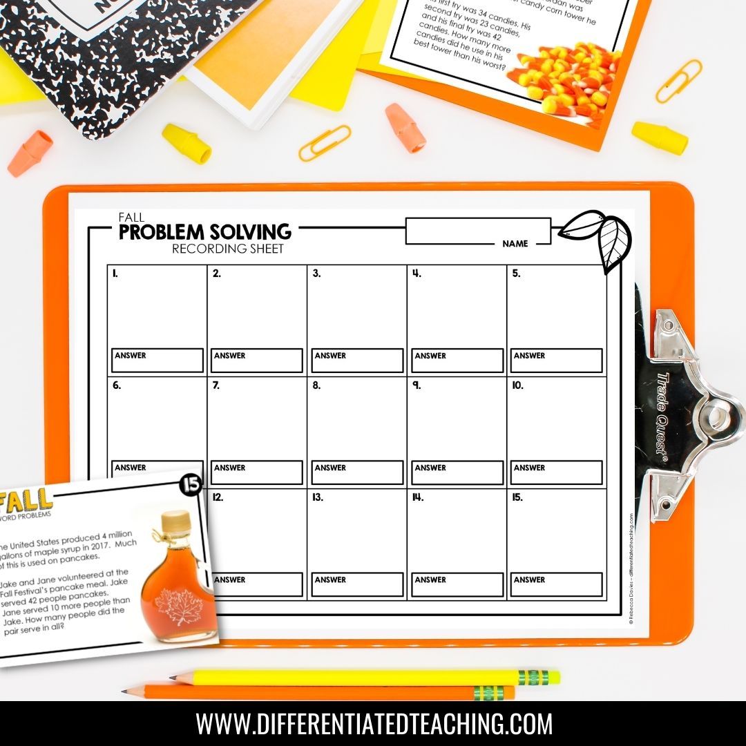 Fall Word Problems: Seasonal Story Problem Task Cards for Math - Differentiated Teaching with Rebecca Davies