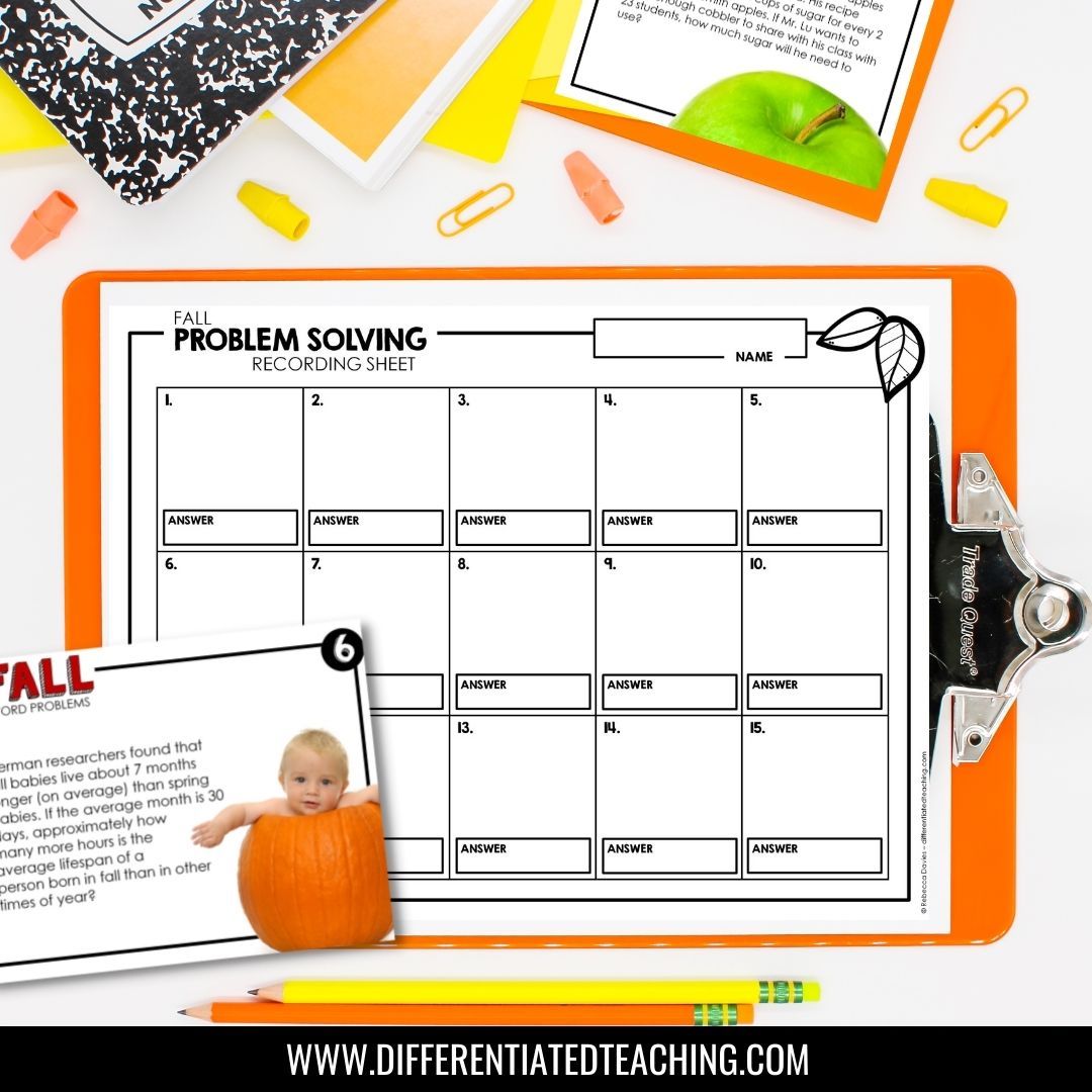 Fall Word Problems: Seasonal Story Problem Task Cards for Math - Differentiated Teaching with Rebecca Davies