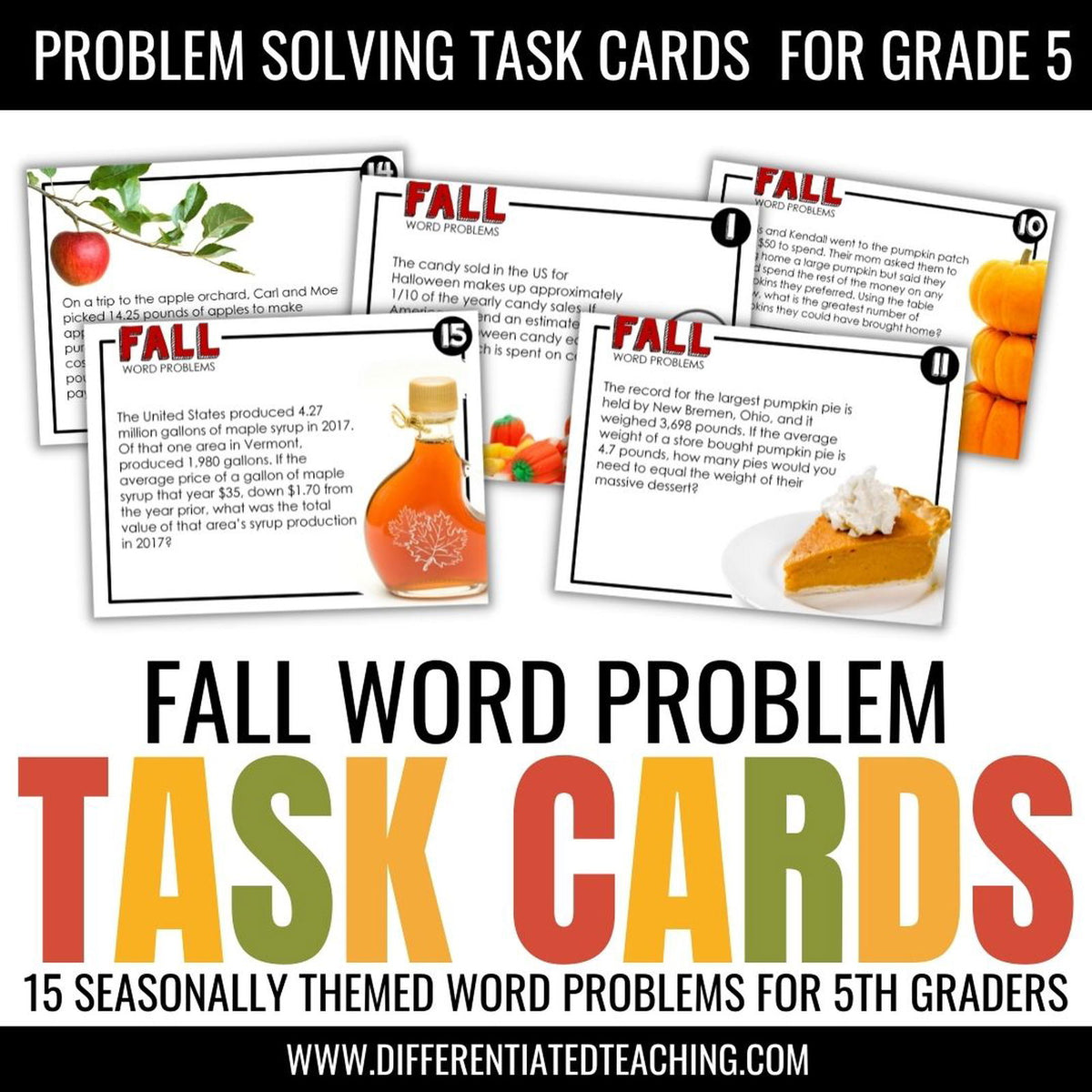 Fall Word Problems: Seasonal Story Problem Task Cards for Math - Differentiated Teaching with Rebecca Davies