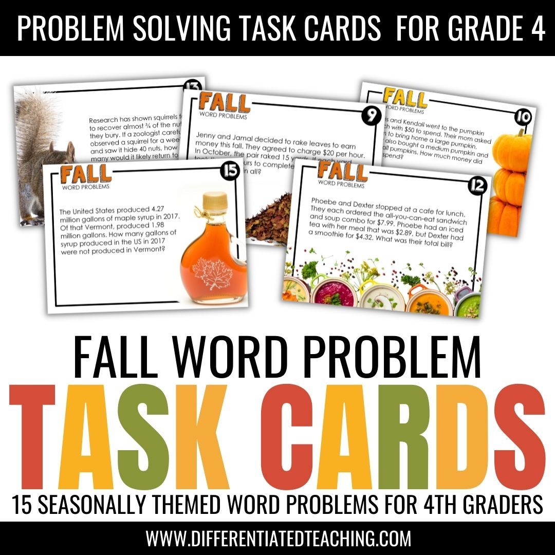 Fall Word Problems: Seasonal Story Problem Task Cards for Math - Differentiated Teaching with Rebecca Davies