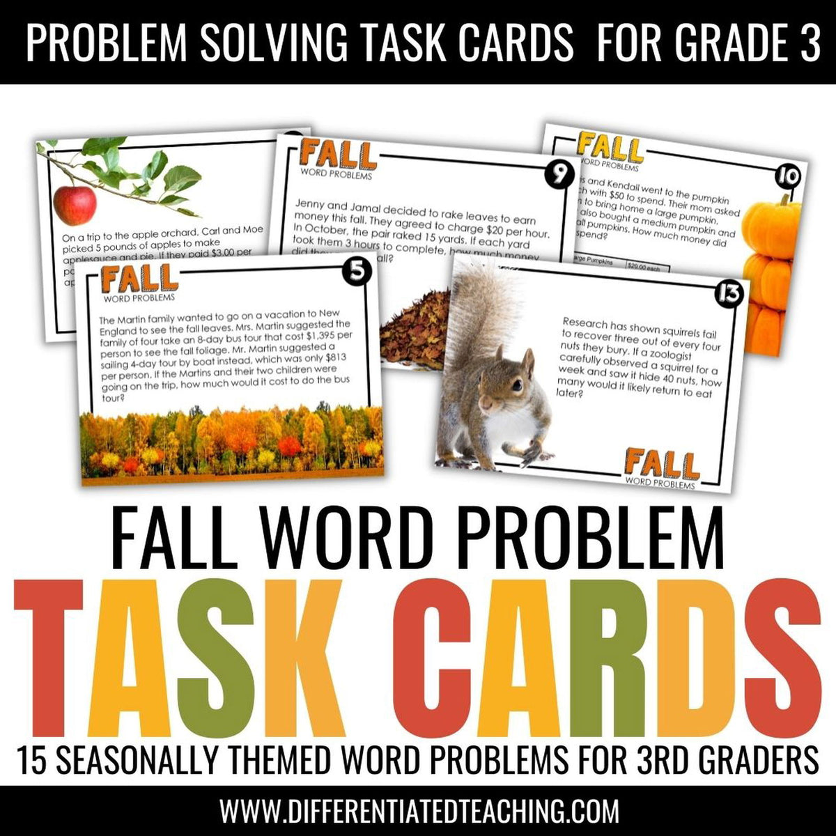 Fall Word Problems: Seasonal Story Problem Task Cards for Math - Differentiated Teaching with Rebecca Davies