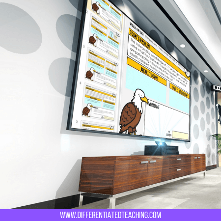 A modern classroom features a large screen displaying "6th Grade Math Word Problem of the Day" by Differentiated Teaching with Rebecca Davies, showcasing eagle-themed reading and 6th grade math problems. A wooden media console rests below the screen.