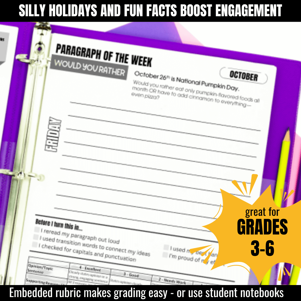 Would You Rather October Morning Work: This or That Halloween Paragraph Writing by Differentiated Teaching with Rebecca Davies is perfect for grades 3–6. Features silly holiday themes, built-in rubric, and engaging prompts for morning work or writing practice.