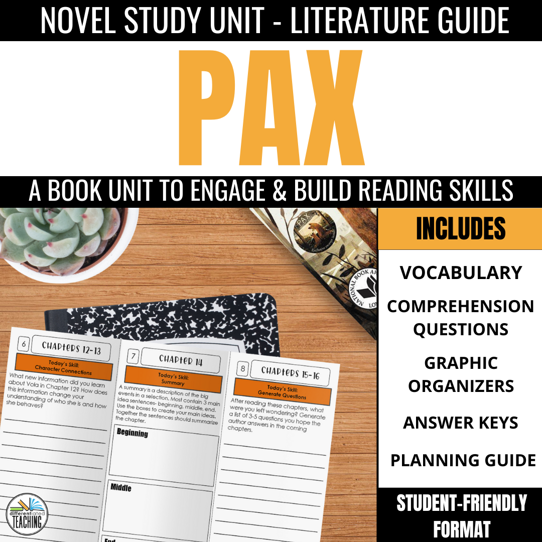 Pax Novel Study: Comprehension & Vocabulary for Sara Pennypacker's Book - Differentiated Teaching with Rebecca Davies
