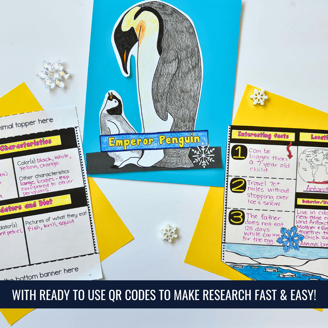 Create a vibrant classroom display for your penguin unit with the Penguin Research Report Project by Differentiated Teaching with Rebecca Davies—includes art, research sheets, folders, paper snowflakes, a blue background, and ready-to-use QR codes for fast & easy research!.
