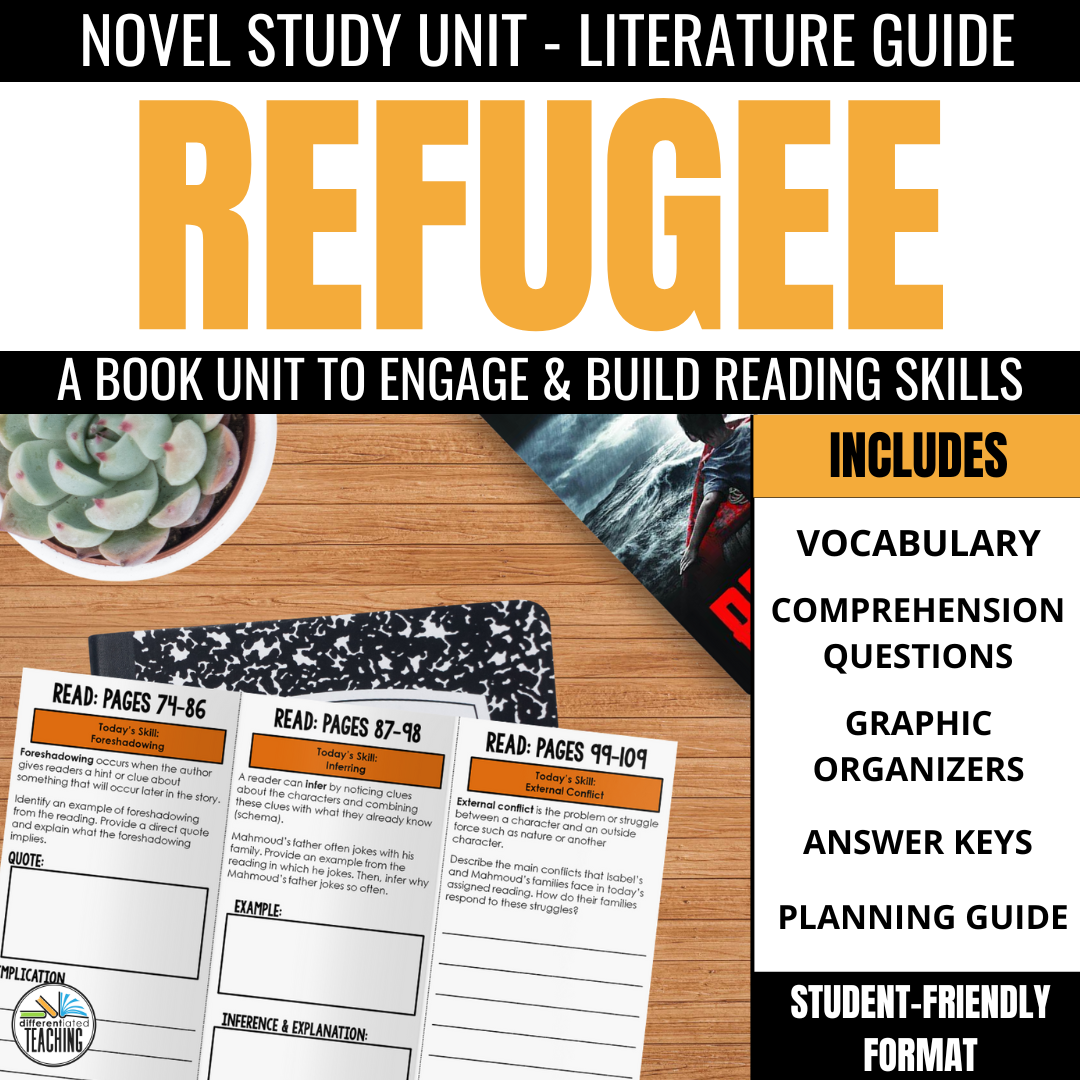 Refugee Novel Study educational resource featuring three reading comprehension trifolds and a list of included materials: vocabulary, questions, graphic organizers, answer keys, and a planning guide with reading journal prompts.