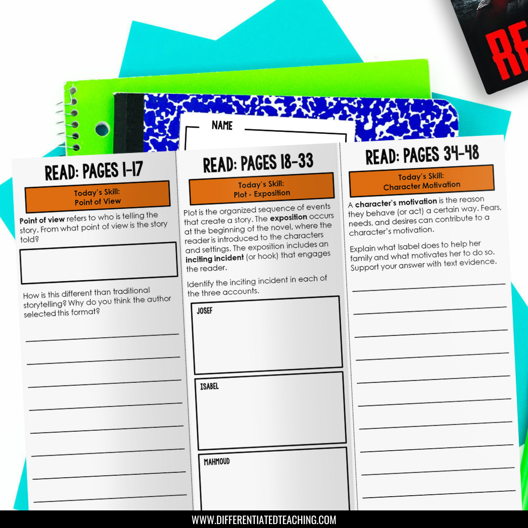 Three printed Refugee Novel Study comprehension trifolds organized by page range, featuring prompts and blank writing lines for student responses.