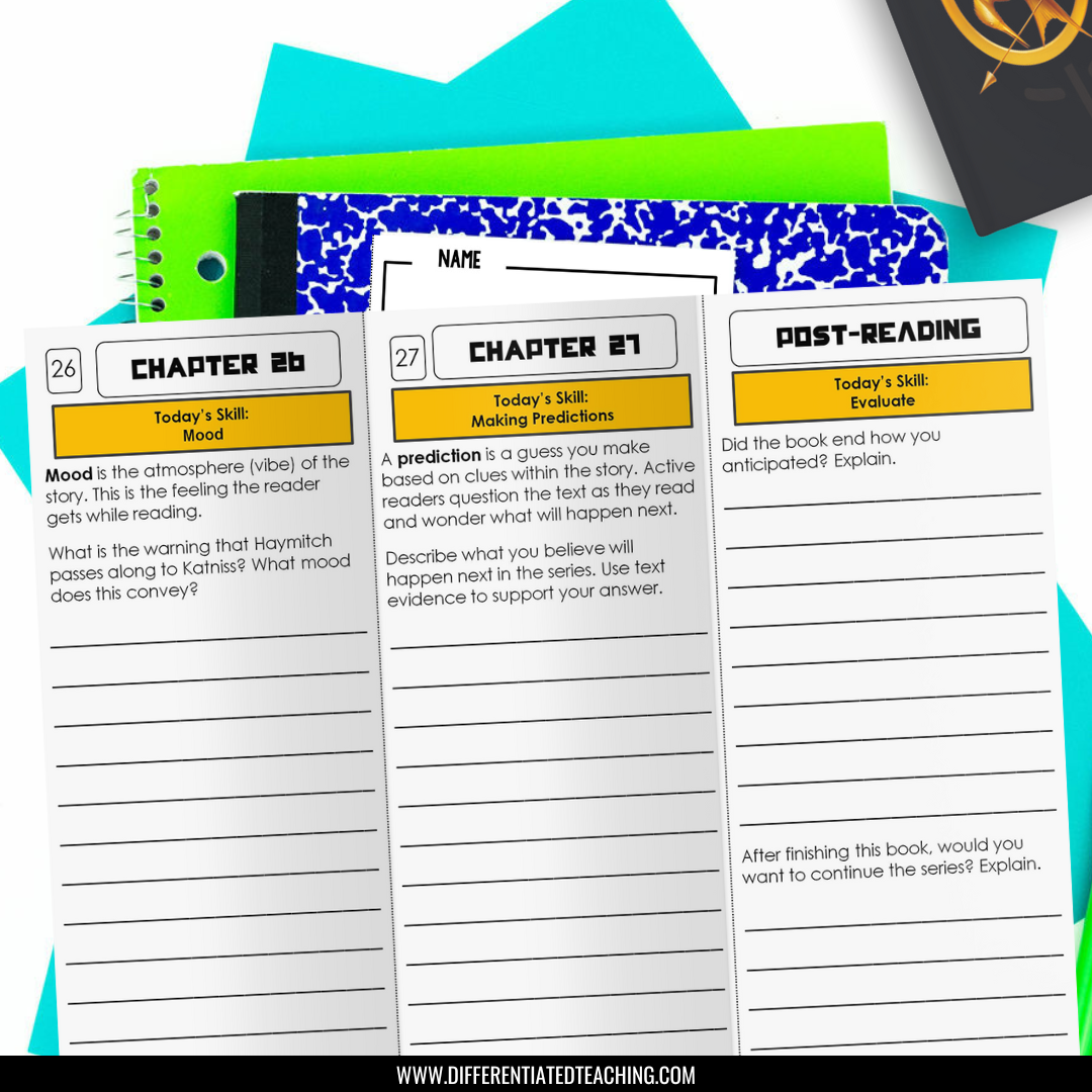 Three worksheets from The Hunger Games Novel Study by Differentiated Teaching with Rebecca Davies, titled Chapter 26, Chapter 27, and Post-Reading, rest on colored notebooks. They offer comprehension tasks and lined spaces for student responses.