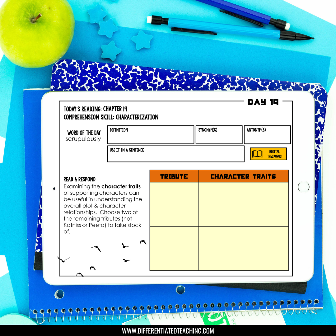 An iPad shows The Hunger Games Novel Study by Differentiated Teaching with Rebecca Davies, featuring a reading comprehension worksheet on character traits and a word-of-the-day activity. Blue notebooks, pens, a pencil, and a green apple lie nearby.