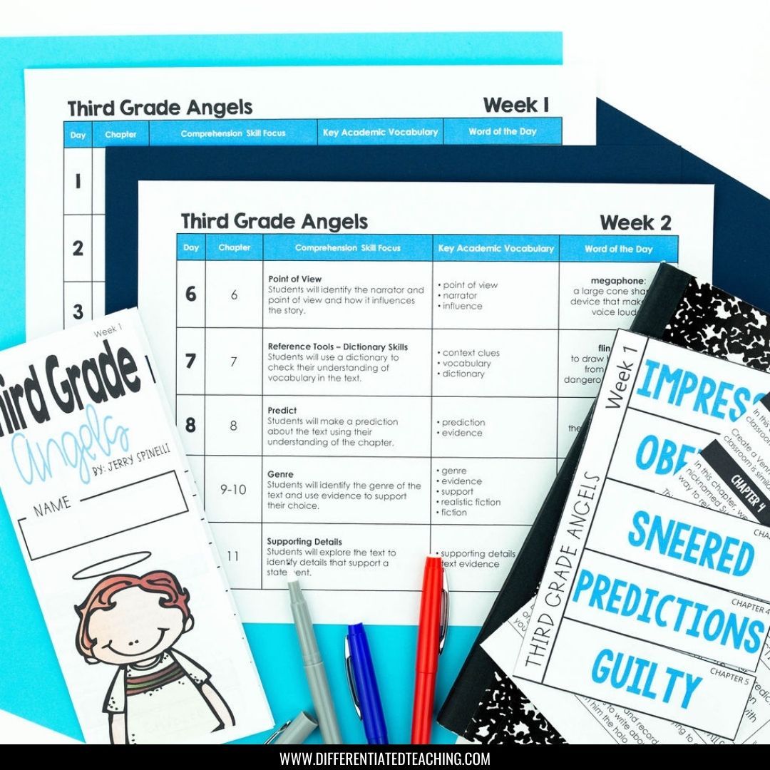 Third Grade Angels Novel Study: Comprehension & Vocabulary Activities for Reading Response - Differentiated Teaching with Rebecca Davies