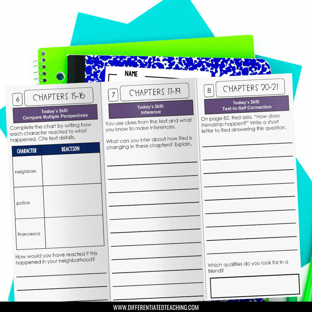 Enhance your Wishtree by Katherine Applegate novel study with three engaging worksheet pages from Differentiated Teaching with Rebecca Davies, covering comparing characters’ reactions, making inferences, and text-to-self connections.