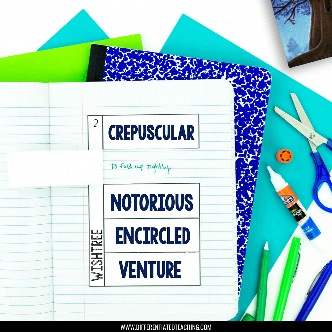 The Wishtree by Katherine Applegate Novel Study from Differentiated Teaching with Rebecca Davies features vocabulary activities with words like crepuscular and notorious, plus engaging reading comprehension tasks using common school supplies.