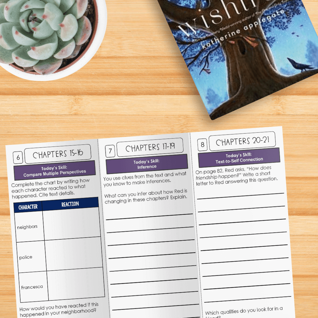 The Wishtree by Katherine Applegate Novel Study from Differentiated Teaching with Rebecca Davies includes reading comprehension worksheets—ideal for comparing perspectives and making inferences in book clubs or novel studies.