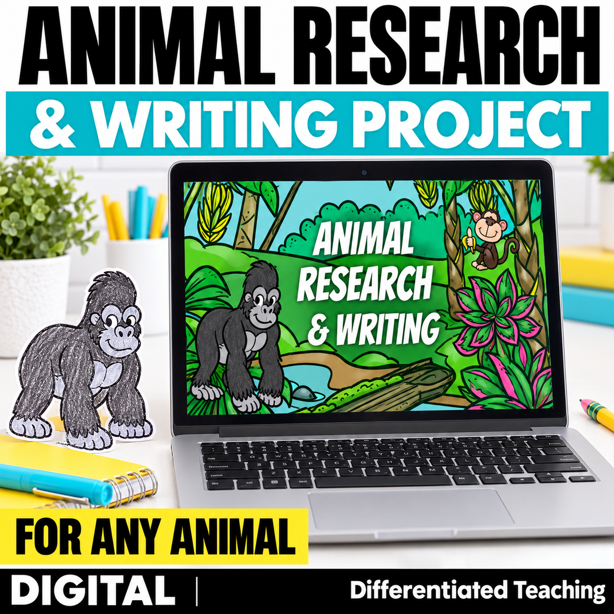 A laptop screen displays a Digital Animal Research Project - Google Slides Format featuring a cartoon gorilla and monkey in a jungle setting, with a paper gorilla cutout sitting on the desk next to it.