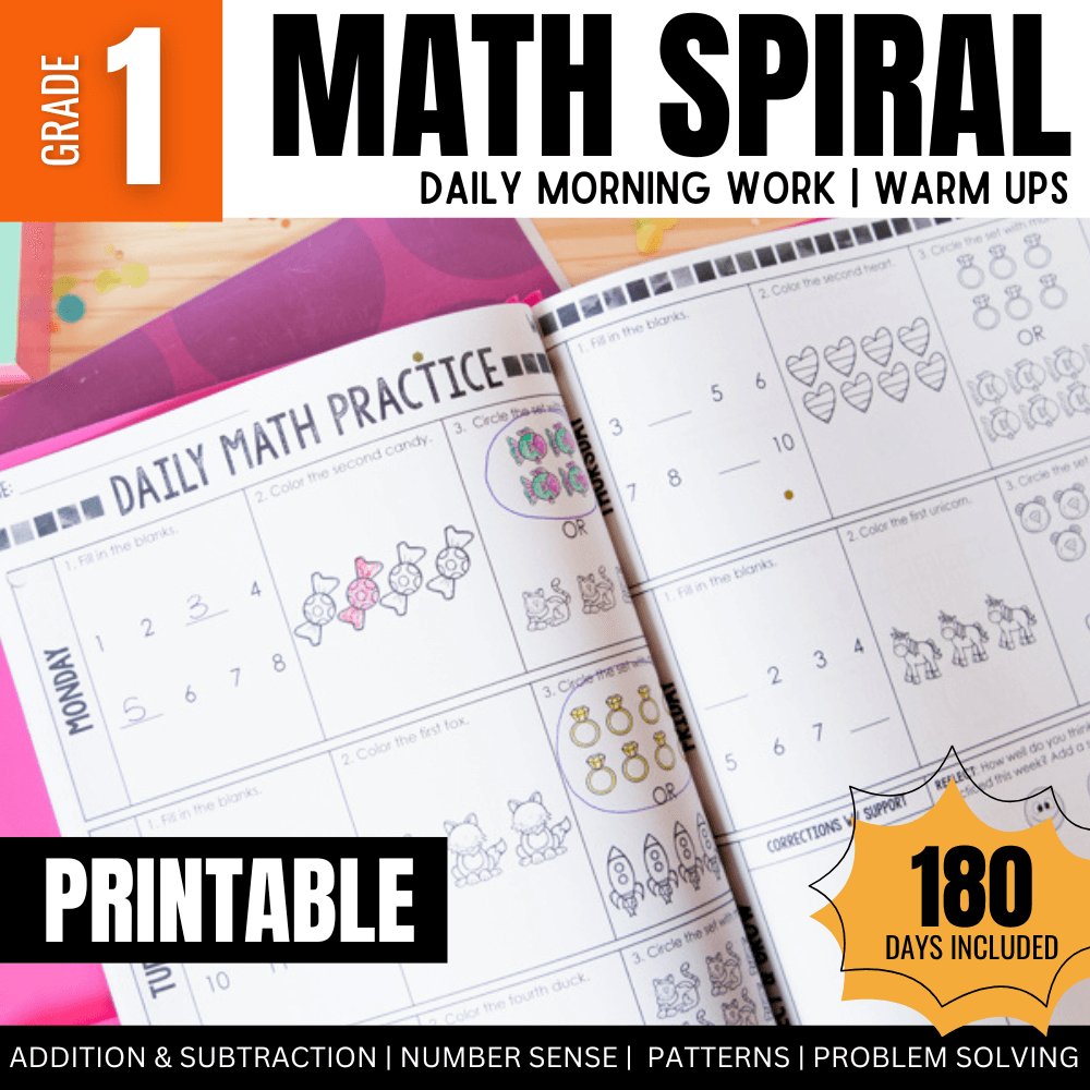 1st Grade Daily Math Warm Ups by Differentiated Teaching with Rebecca Davies offers 180 days of spiral review morning work, daily math practice, counting exercises, and printable pages—all designed for first grade.