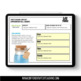 A tablet screen shows a prescription label template with patient, medication, directions, and warnings—ideal for The BFG Book Unit: Novel Study Activities for The Big Friendly Giant Roald Dahl by Differentiated Teaching with Rebecca Davies. A hand holds a pill bottle on the left.