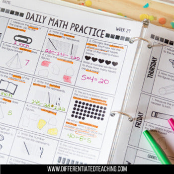 A 3rd Grade Math Spiral Review – Daily Warm-Ups for Third Grade worksheet by Differentiated Teaching with Rebecca Davies, filled out in pen, sits open on a desk with highlighters and confetti nearby.