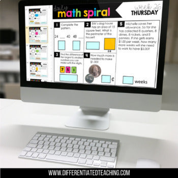 A computer screen displays the "3rd Grade Math Spiral Review – Daily Warm-Ups for Third Grade" by Differentiated Teaching with Rebecca Davies. Printable and digital math worksheets are available at www.differentiatedteaching.com.