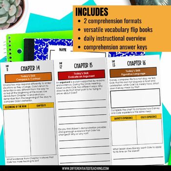 Three Touching Spirit Bear Novel Study activity sheets by Differentiated Teaching with Rebecca Davies, featuring chapter-specific comprehension trifolds, vocabulary flip books, and answer keys.