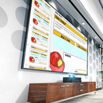 A modern living room with a wall-mounted TV shows 3rd Grade Math Word Problem of the Day: Yearlong Story Problem Solving Practice by Differentiated Teaching with Rebecca Davies. The gray-patterned wall and sleek console add style. Printable and digital formats included.