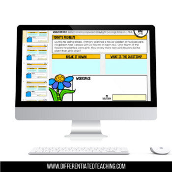 A computer monitor shows the "2nd Grade Math Word Problem of the Day | Daily Story Problem Practice" by Differentiated Teaching with Rebecca Davies, featuring digital worksheets for problem-solving and workspace. Printable & digital options available.