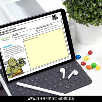 A tablet on a keyboard shows a reading worksheet with a cartoon ogre from "The BFG Book Unit: Novel Study Activities for The Big Friendly Giant Roald Dahl" by Differentiated Teaching with Rebecca Davies, beside a plant, colorful candies, earbuds, and stylus.