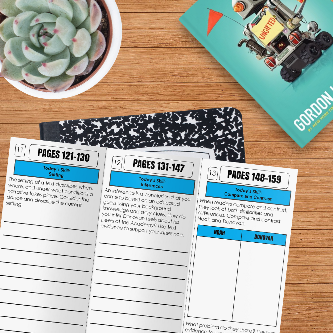 A top view of the Ungifted Novel Study Unit by Differentiated Teaching with Rebecca Davies, featuring a succulent, a blue robot book, a black-and-white notebook, and three reading worksheets for Setting, Inferences, and Compare & Contrast.
