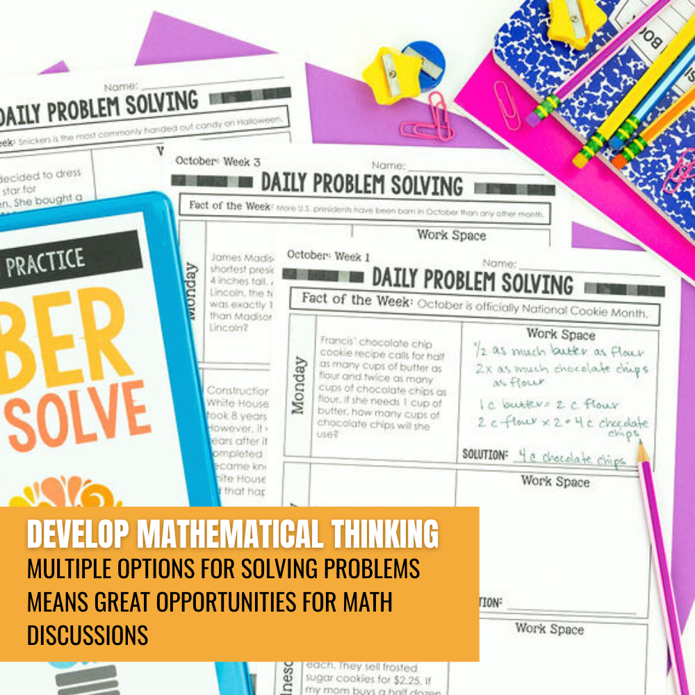 Bright desk with math worksheets, pencils, and a calculator. Text: Build math thinking with 3rd Grade Math Word Problem of the Day by Differentiated Teaching with Rebecca Davies—printable & digital formats for yearlong story problem solving practice.